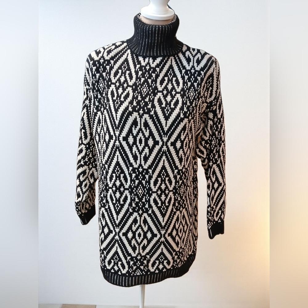 Vtg Retro Ski Lodge Nordic Long Geometric Sweater Medium Tunic Delia McKain